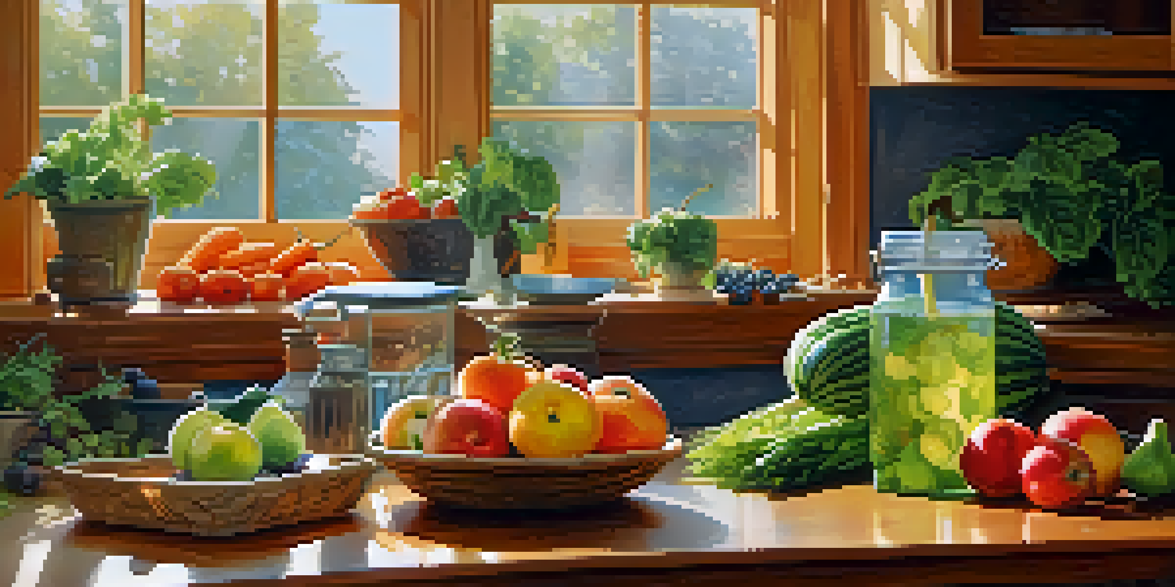 A bright kitchen filled with fresh fruits and vegetables on a countertop, with sunlight illuminating the scene.