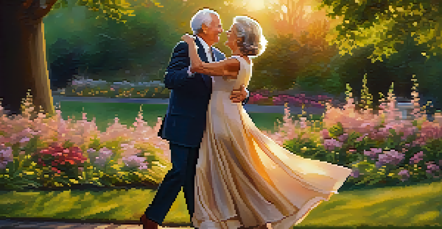 An elderly couple dancing gracefully in a park at sunset, surrounded by flowers, showcasing love and connection.