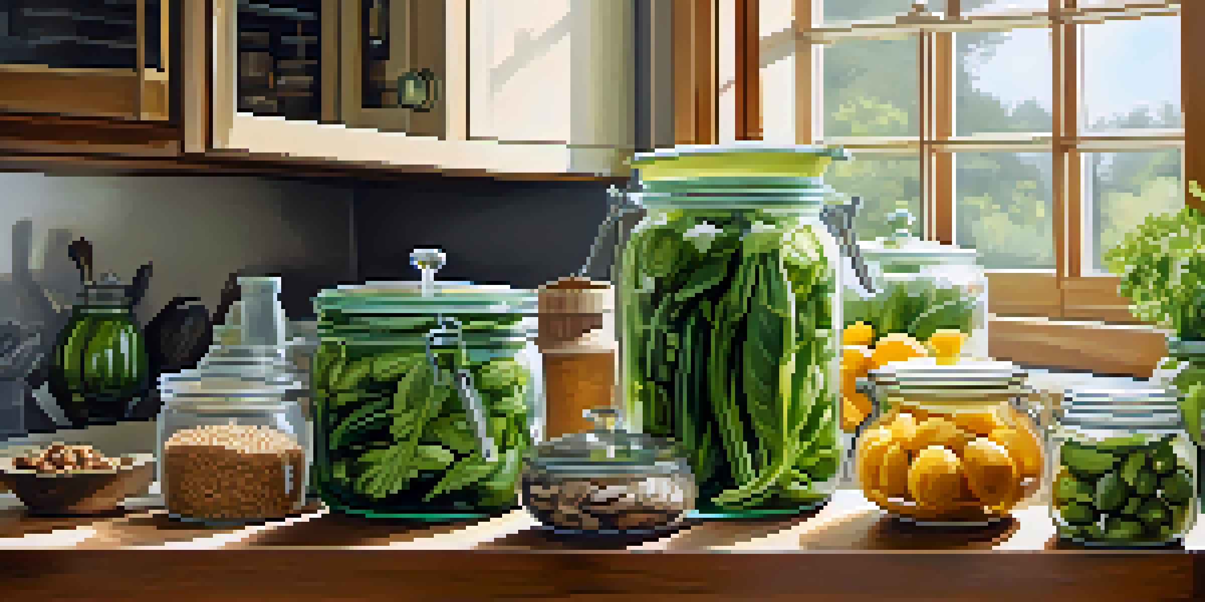 A kitchen countertop filled with colorful low-carb foods like leafy greens and spiralized zucchini, with soft natural light illuminating the scene.
