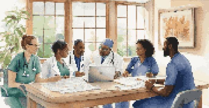 A diverse group of healthcare professionals collaborating on a patient's care plan in a bright, welcoming room.