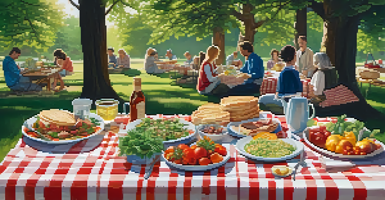 A joyful outdoor picnic with diverse healthy dishes on a blanket, surrounded by nature and people enjoying their meal.