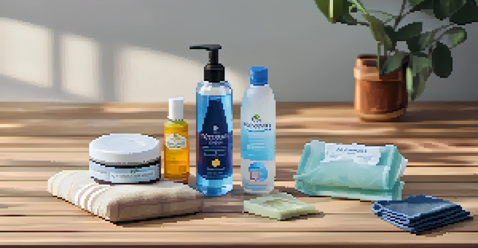 A personal hygiene essentials kit displayed on a wooden table, including toiletries and a water bottle, illuminated by soft natural light.