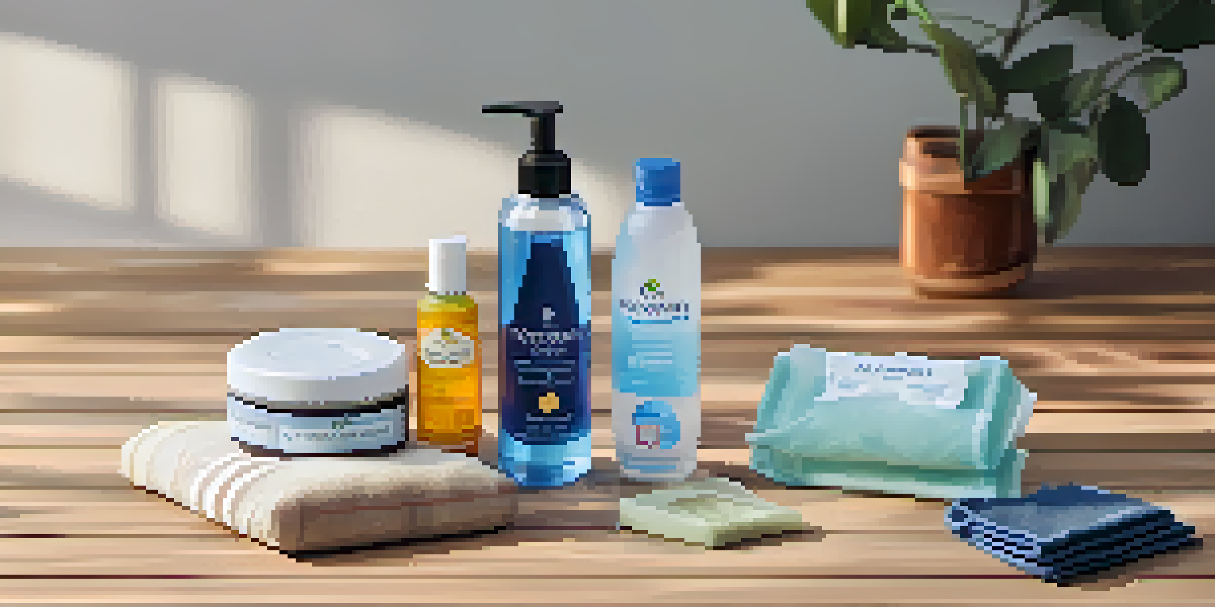 A personal hygiene essentials kit displayed on a wooden table, including toiletries and a water bottle, illuminated by soft natural light.