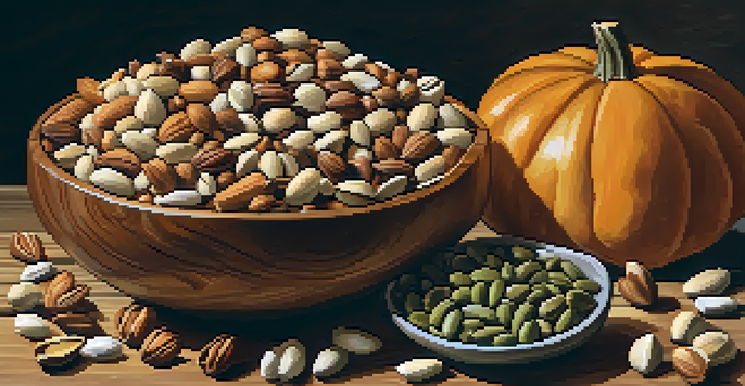A wooden bowl filled with different nuts and seeds, arranged on a rustic wooden table with natural lighting.