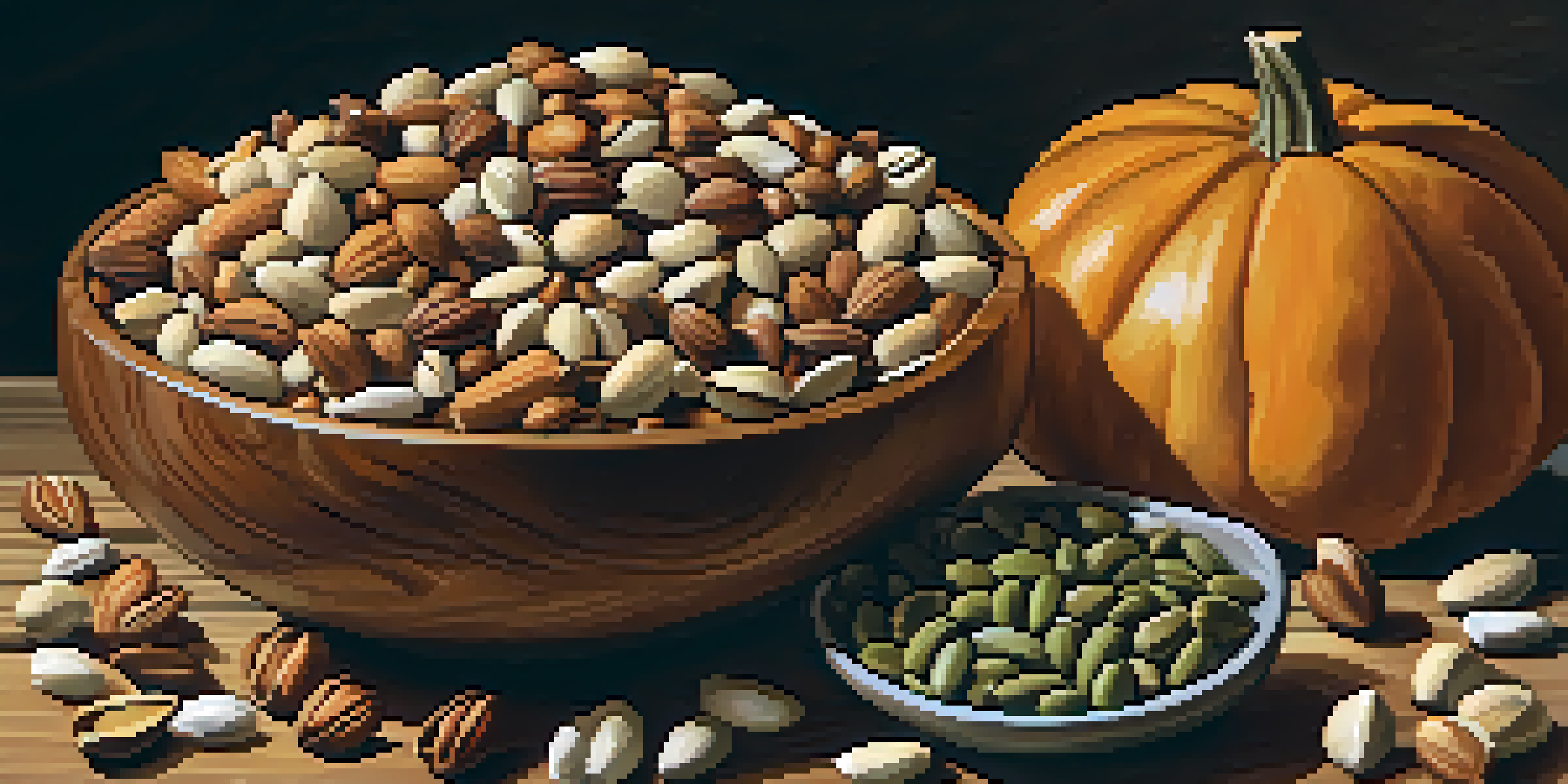 A wooden bowl filled with different nuts and seeds, arranged on a rustic wooden table with natural lighting.