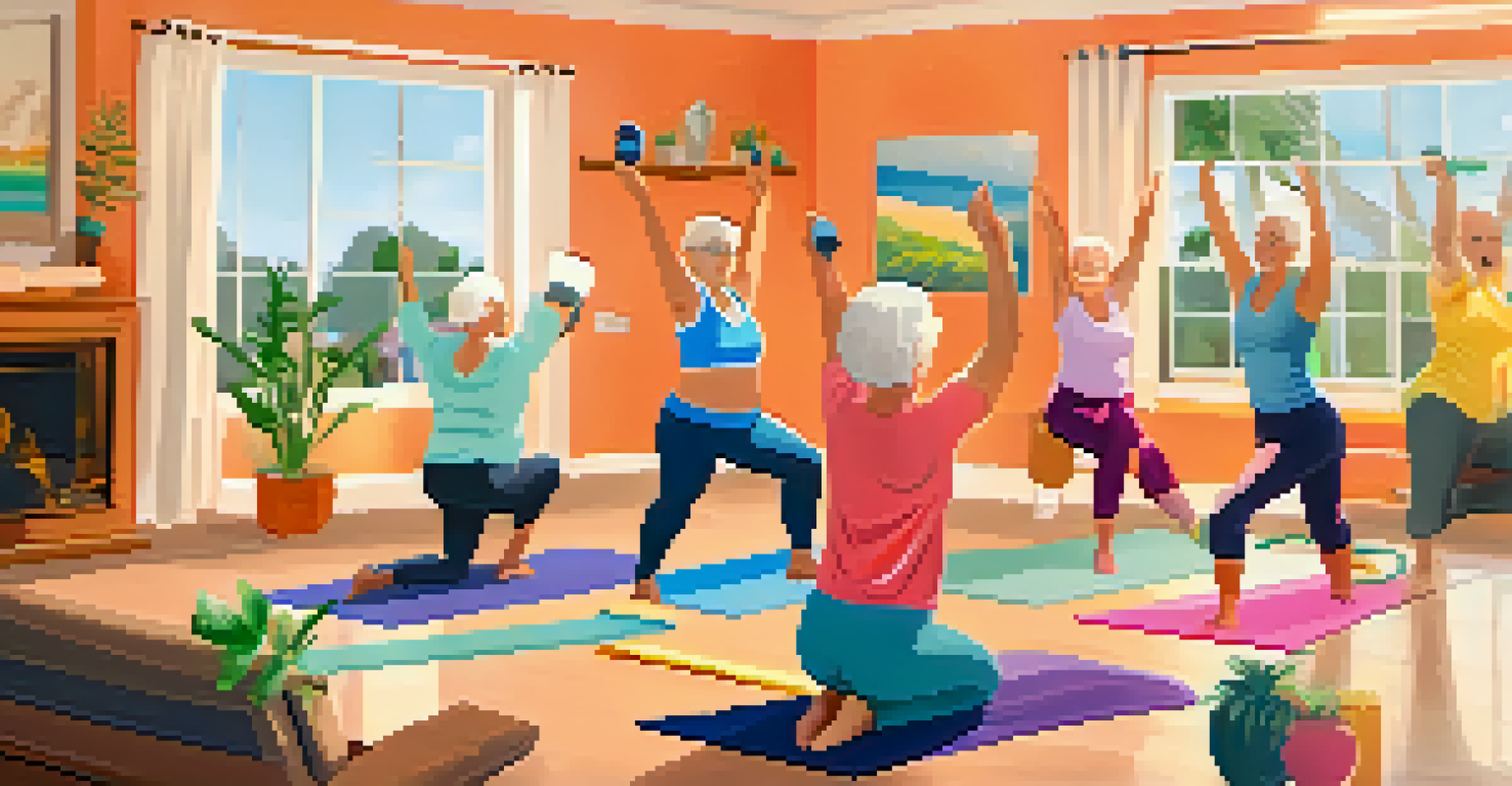 A diverse group of seniors engaging in an online fitness class at home, following a virtual instructor on screen.