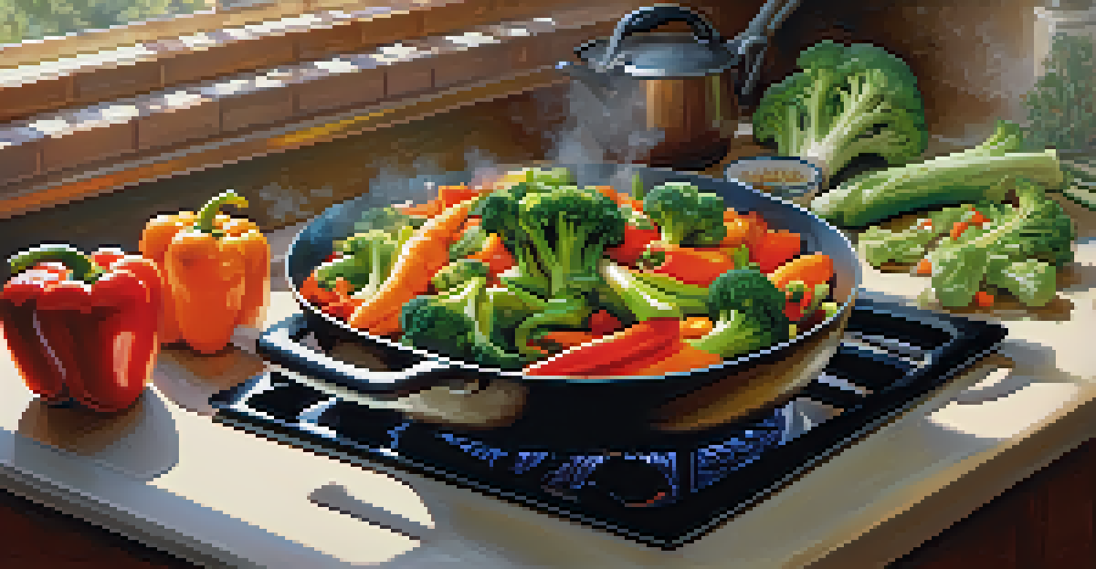 A colorful stir-fry of vegetables in a sizzling pan, with steam rising and herbs sprinkled on top, under bright kitchen lights.