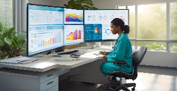 A healthcare worker reviewing a digital health record on a computer in a brightly lit office.