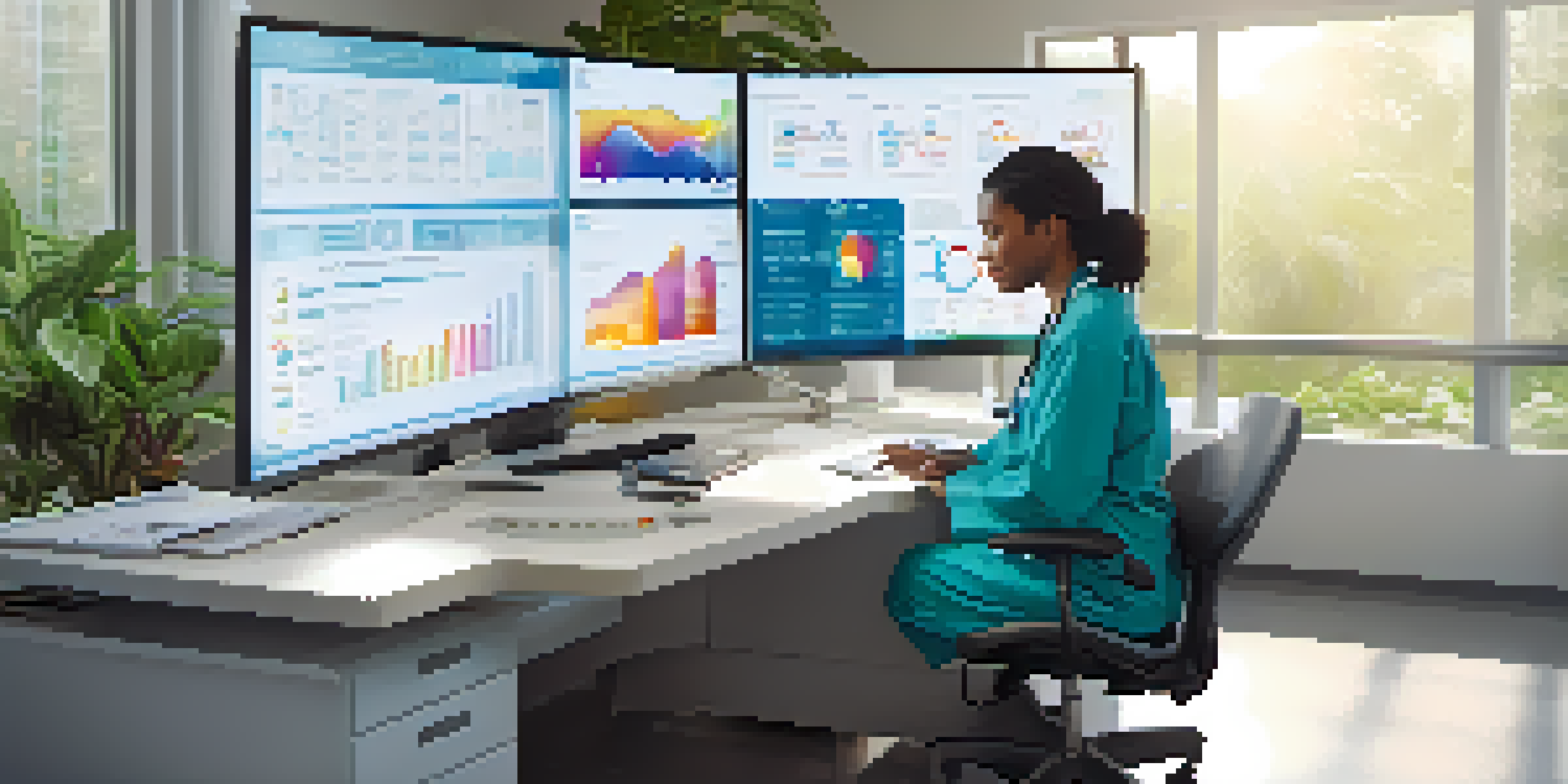 A healthcare worker reviewing a digital health record on a computer in a brightly lit office.