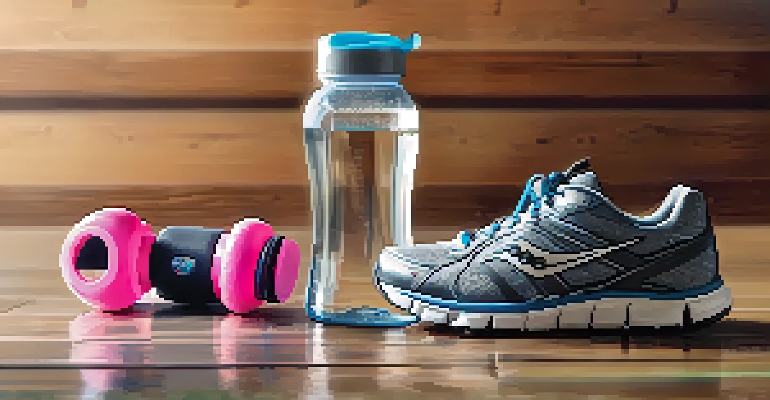 A close-up of running shoes on a wooden floor, with a water bottle and fitness tracker, and a blurred motivational quote in the background.