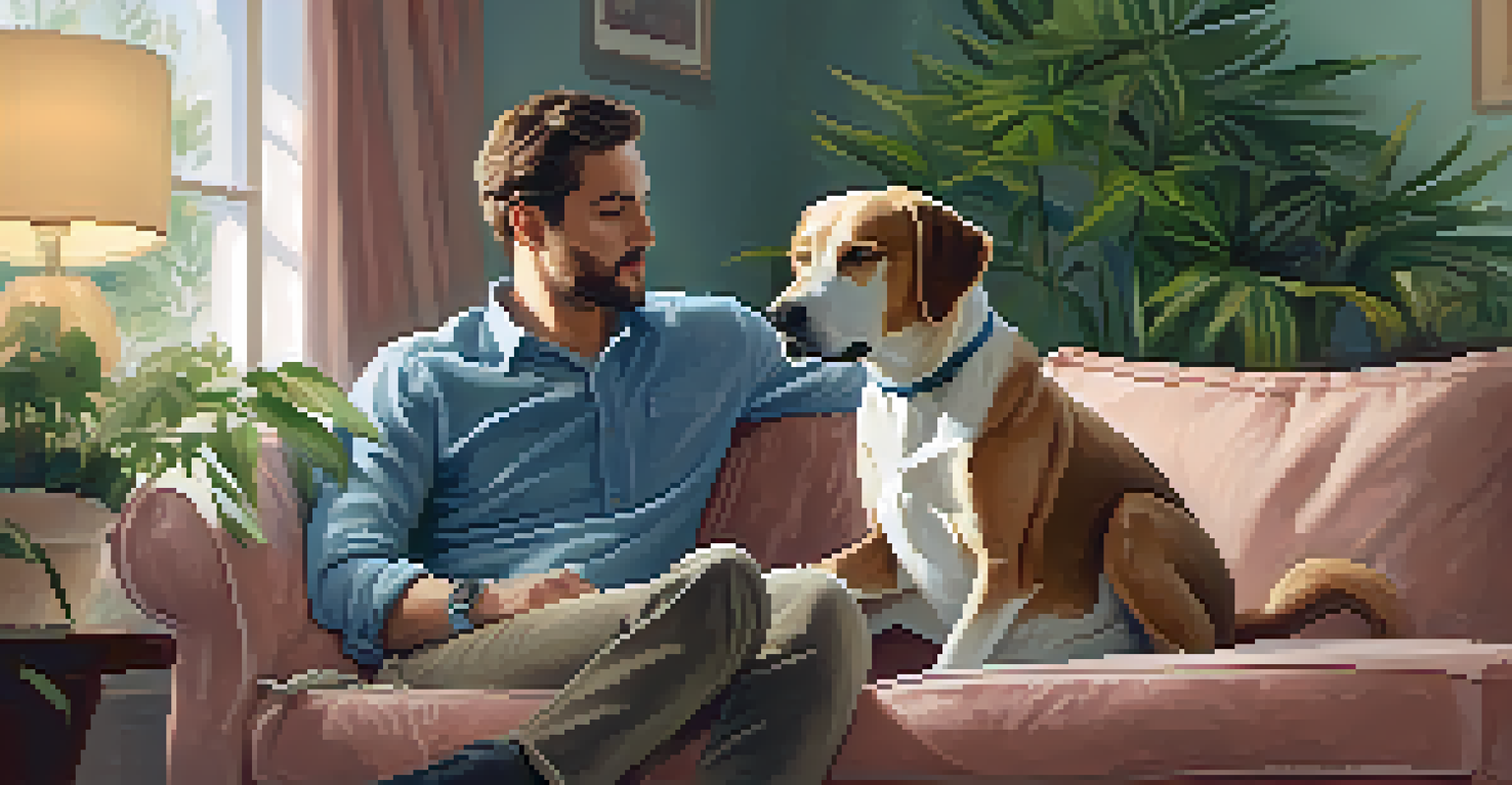 An adult man sitting on a therapy couch with a Labrador resting its head on his lap, surrounded by calming decor.