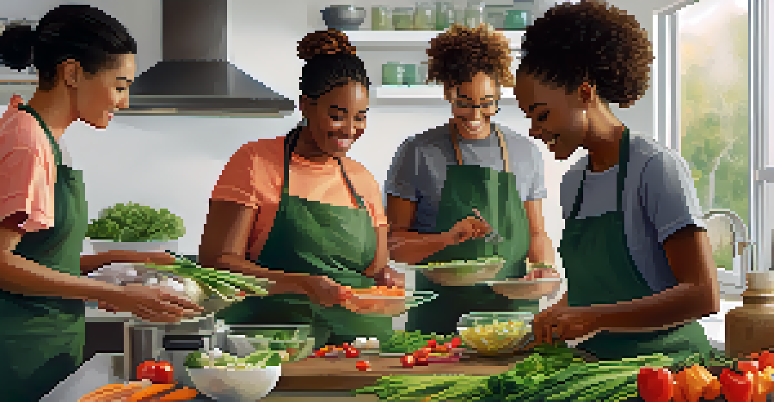 A diverse group of individuals working together in a meal prep class, chopping vegetables and sharing tips in a well-organized kitchen.