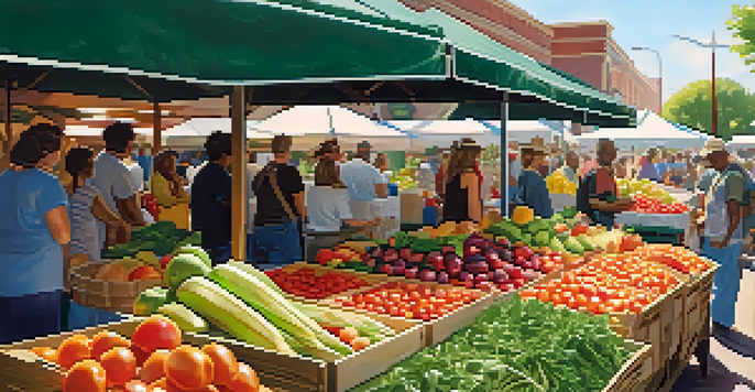 A bustling farmers market filled with colorful fruits and vegetables, with farmers interacting with customers under warm sunlight.