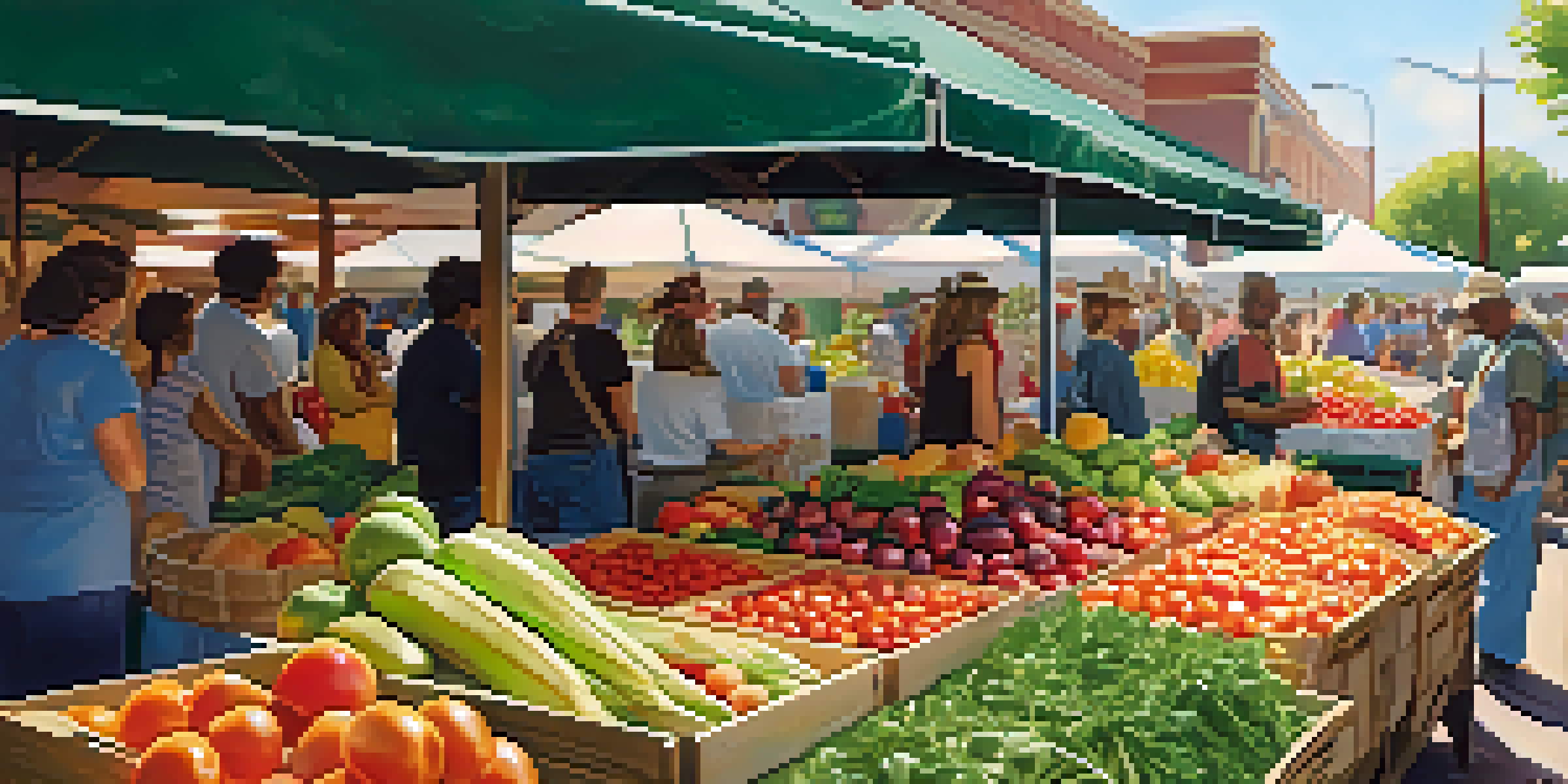 A bustling farmers market filled with colorful fruits and vegetables, with farmers interacting with customers under warm sunlight.