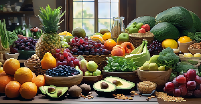 A colorful array of whole foods including fruits, vegetables, and nuts on a wooden table, emphasizing freshness and nutrition.