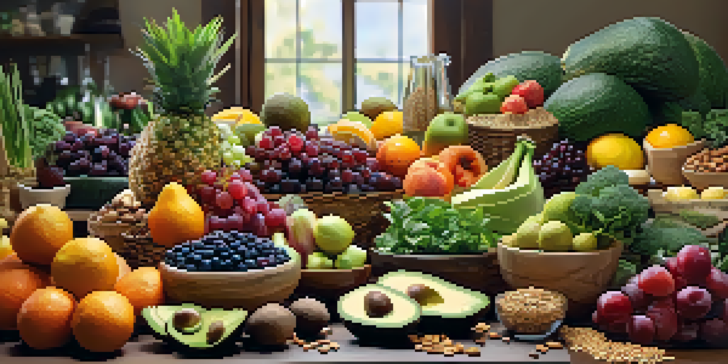 A colorful array of whole foods including fruits, vegetables, and nuts on a wooden table, emphasizing freshness and nutrition.
