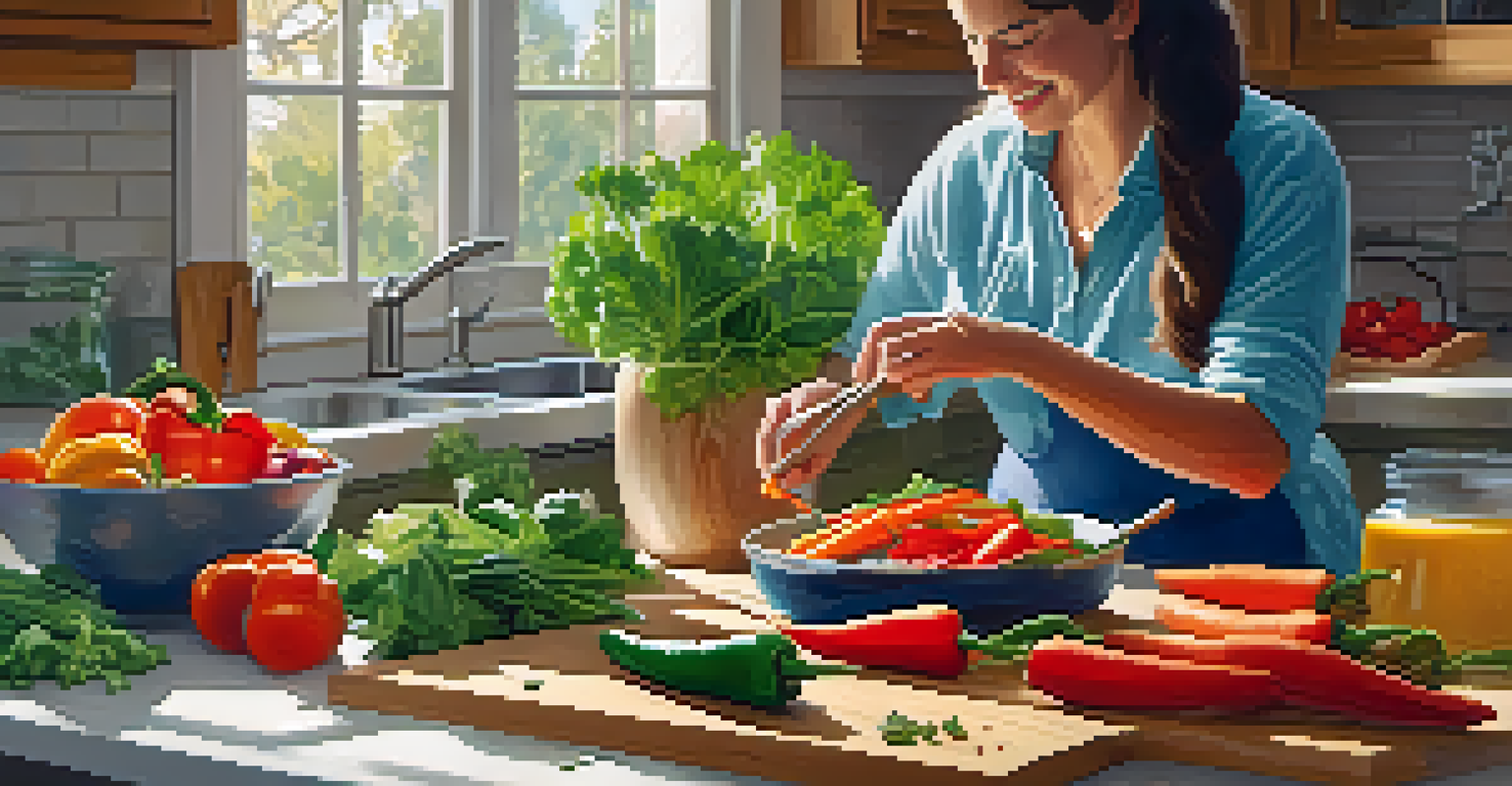 A woman smiling while preparing a healthy meal in a bright kitchen filled with fresh vegetables.