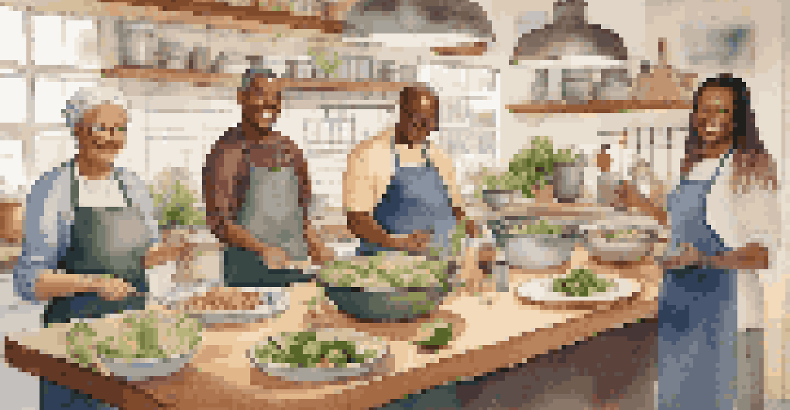 A cooking class with a diverse group of people preparing healthy meals in a bright kitchen.