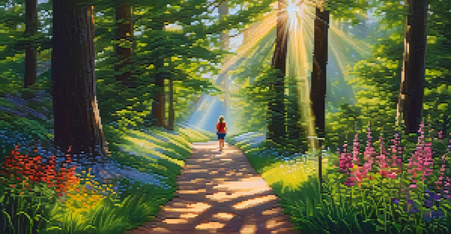 A scenic nature trail with a person walking among green trees and wildflowers, illuminated by sunlight.
