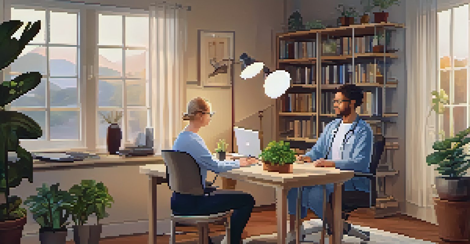 A patient having a telemedicine consultation in a cozy home office with a healthcare provider on the computer screen.