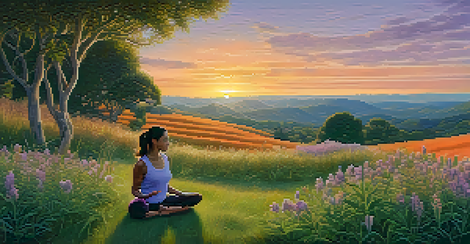 A person doing yoga on a hilltop at sunset, surrounded by herbal plants, creating a serene and balanced atmosphere.