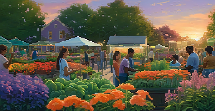 A community garden during sunset with people gardening, surrounded by colorful flowers and vegetables under an orange and purple sky.