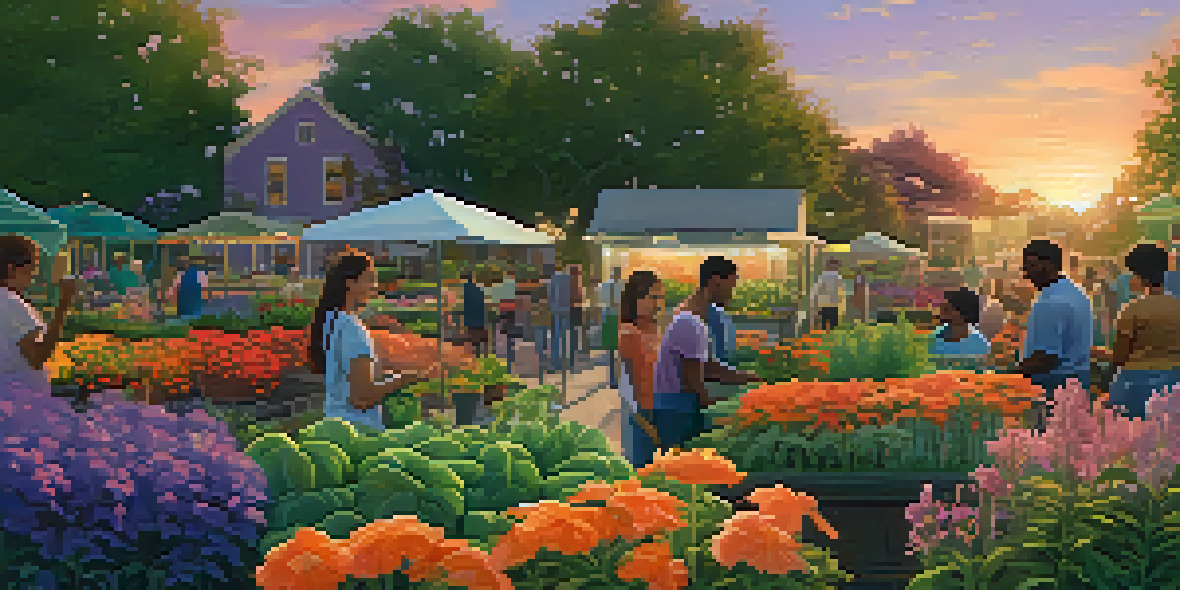 A community garden during sunset with people gardening, surrounded by colorful flowers and vegetables under an orange and purple sky.