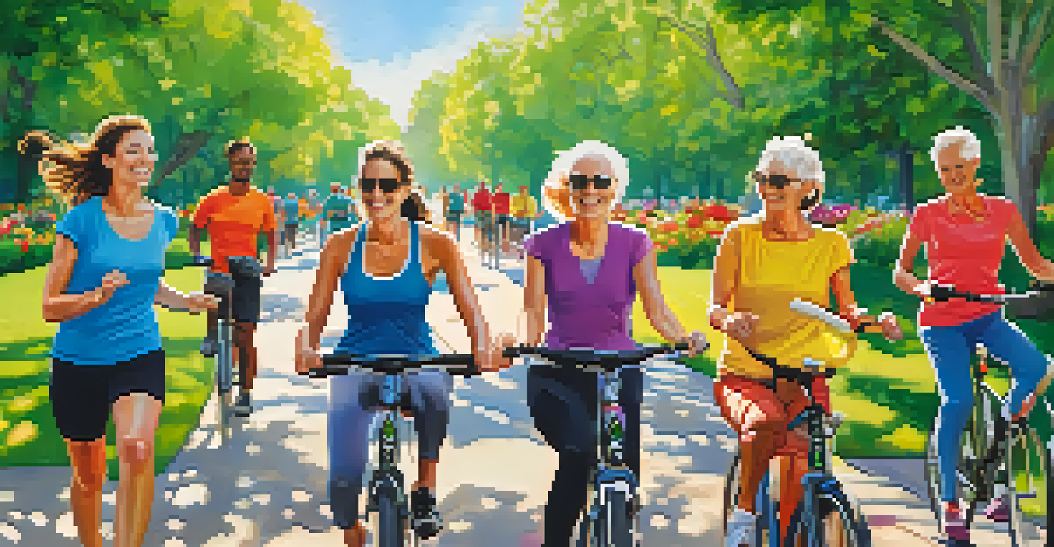 A group of friends participating in outdoor activities in a sunny park, representing healthy aging and social connections.