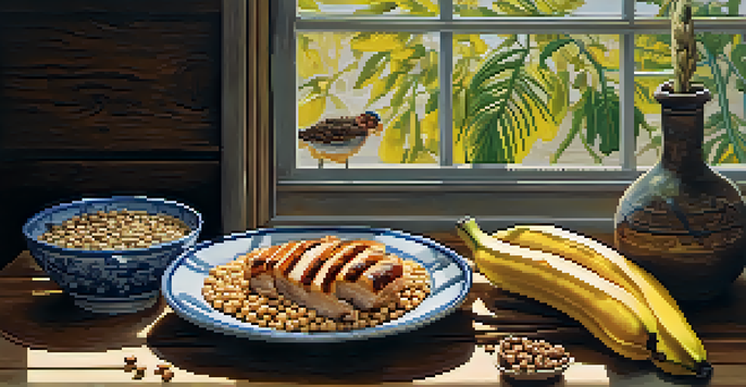 A still life of various foods rich in Vitamin B6, including grilled chicken, bananas, chickpeas, and sunflower seeds on a wooden table with soft sunlight.