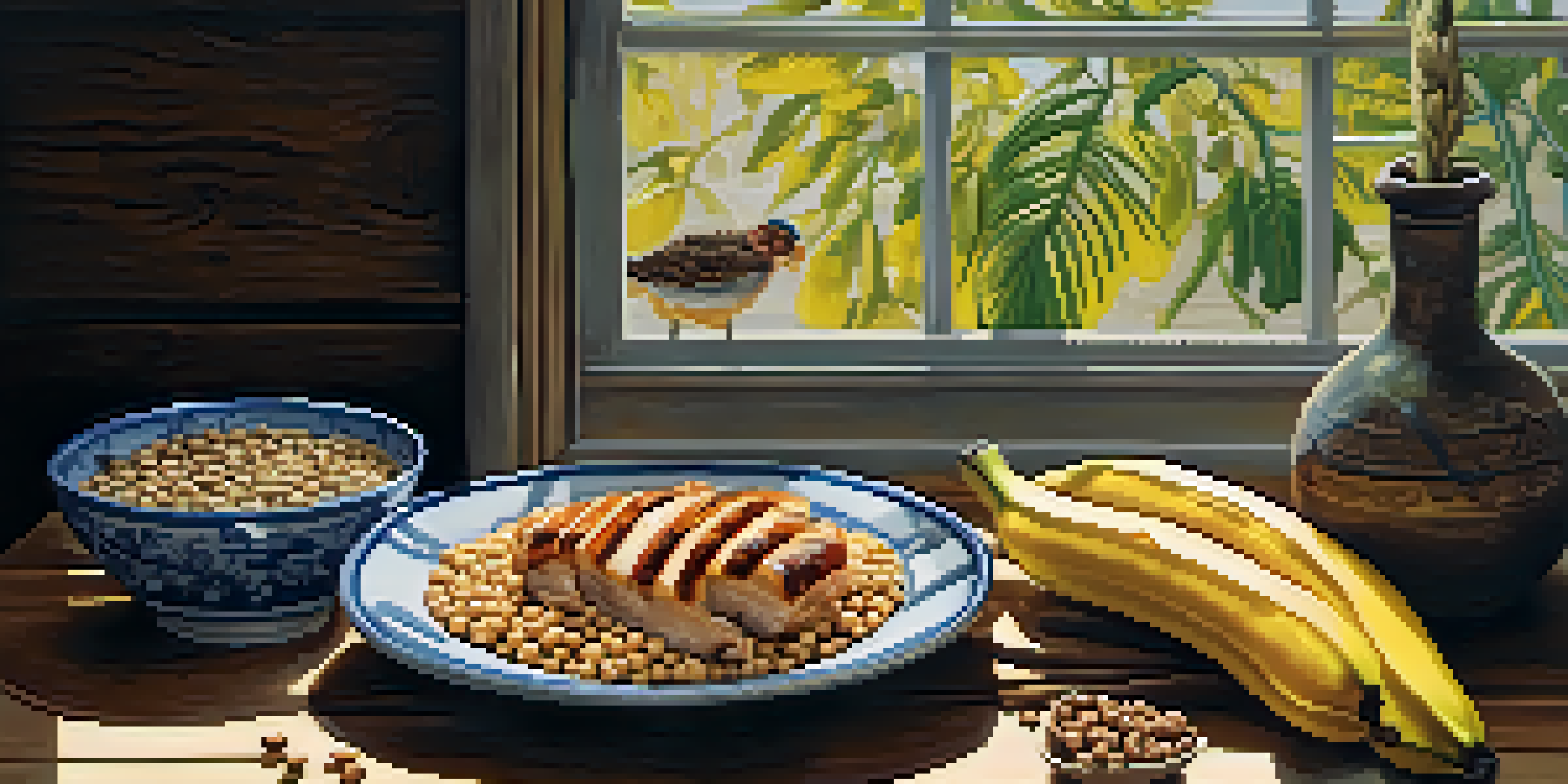 A still life of various foods rich in Vitamin B6, including grilled chicken, bananas, chickpeas, and sunflower seeds on a wooden table with soft sunlight.