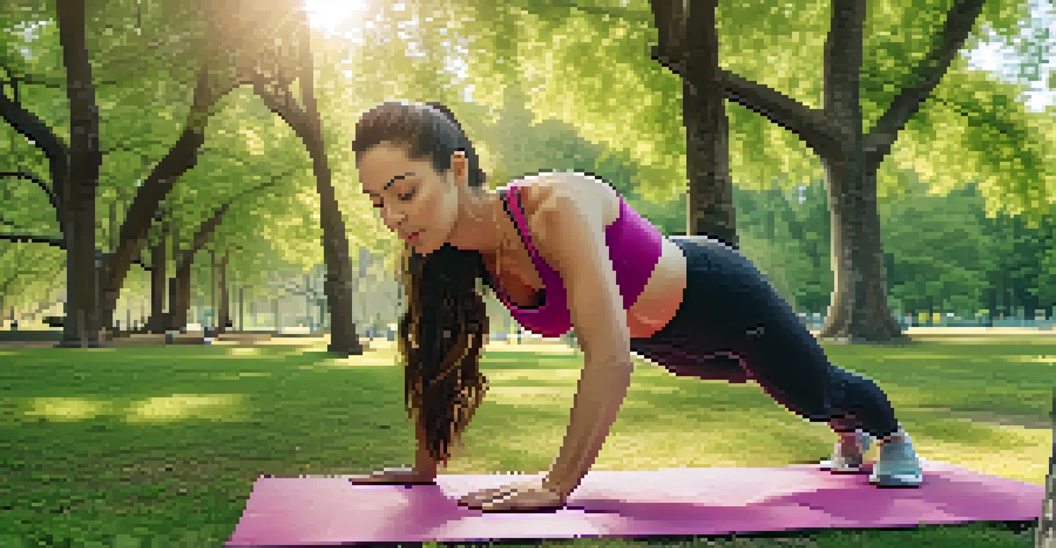 A woman performing a bodyweight exercise on a yoga mat in a sunny park, surrounded by greenery.