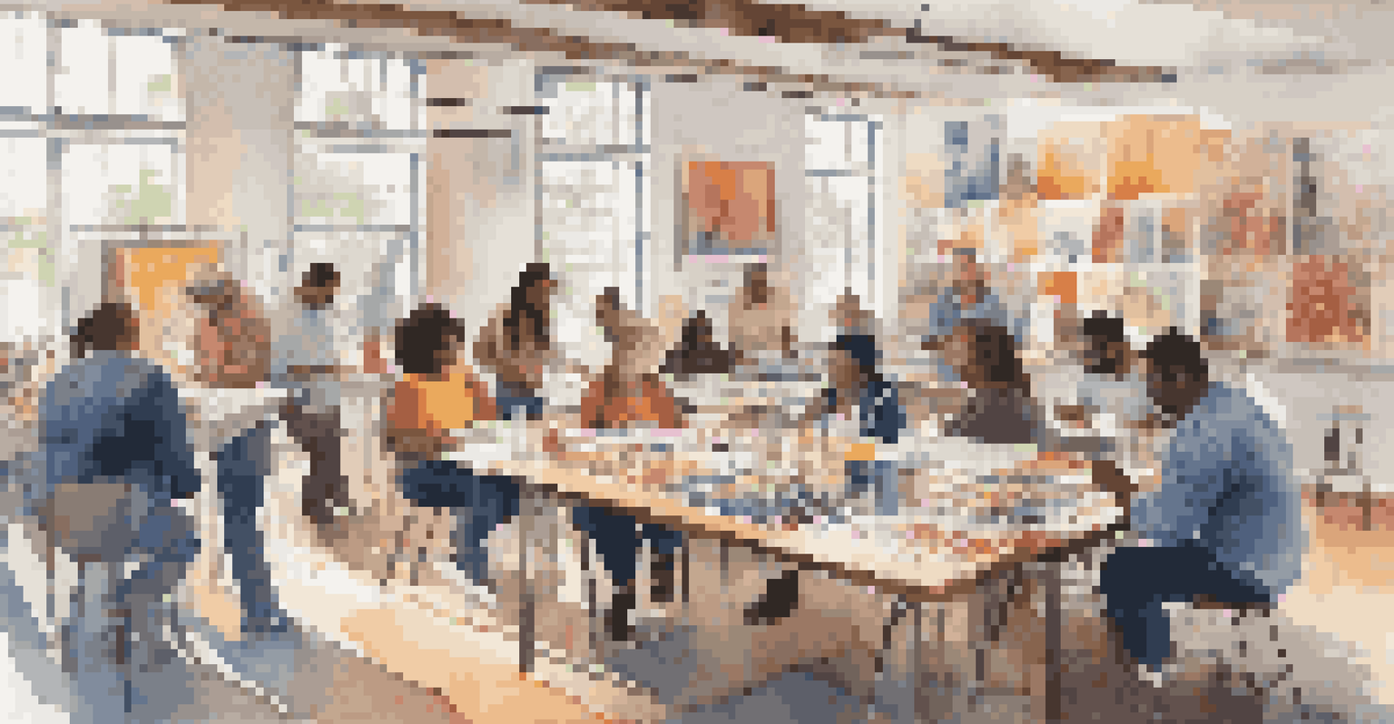 A lively workshop with diverse people discussing around a table filled with art supplies and books in a colorful setting.