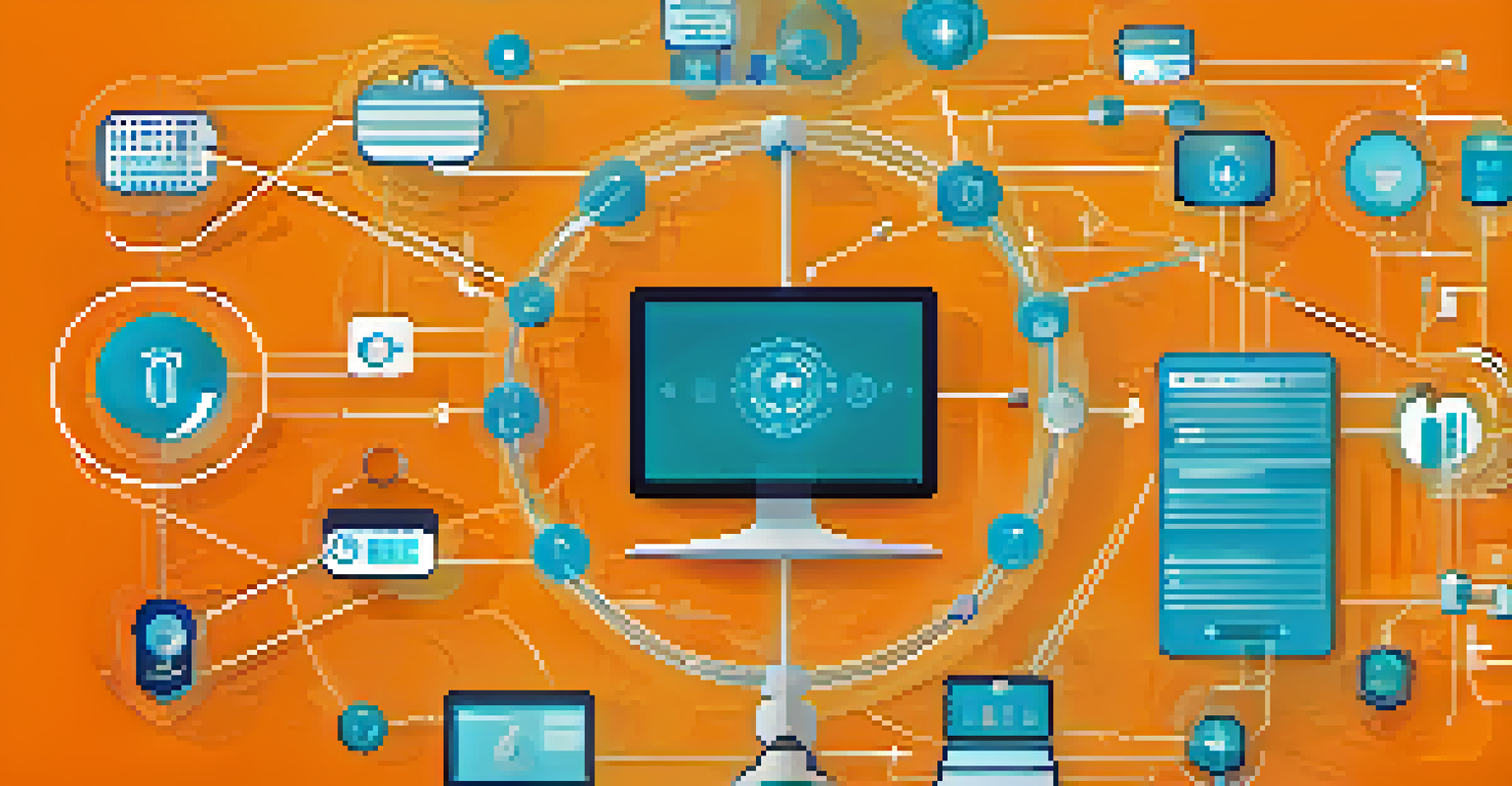 An illustration of digital health technologies including telemedicine, wearables, and health apps, with icons representing data privacy and cybersecurity.