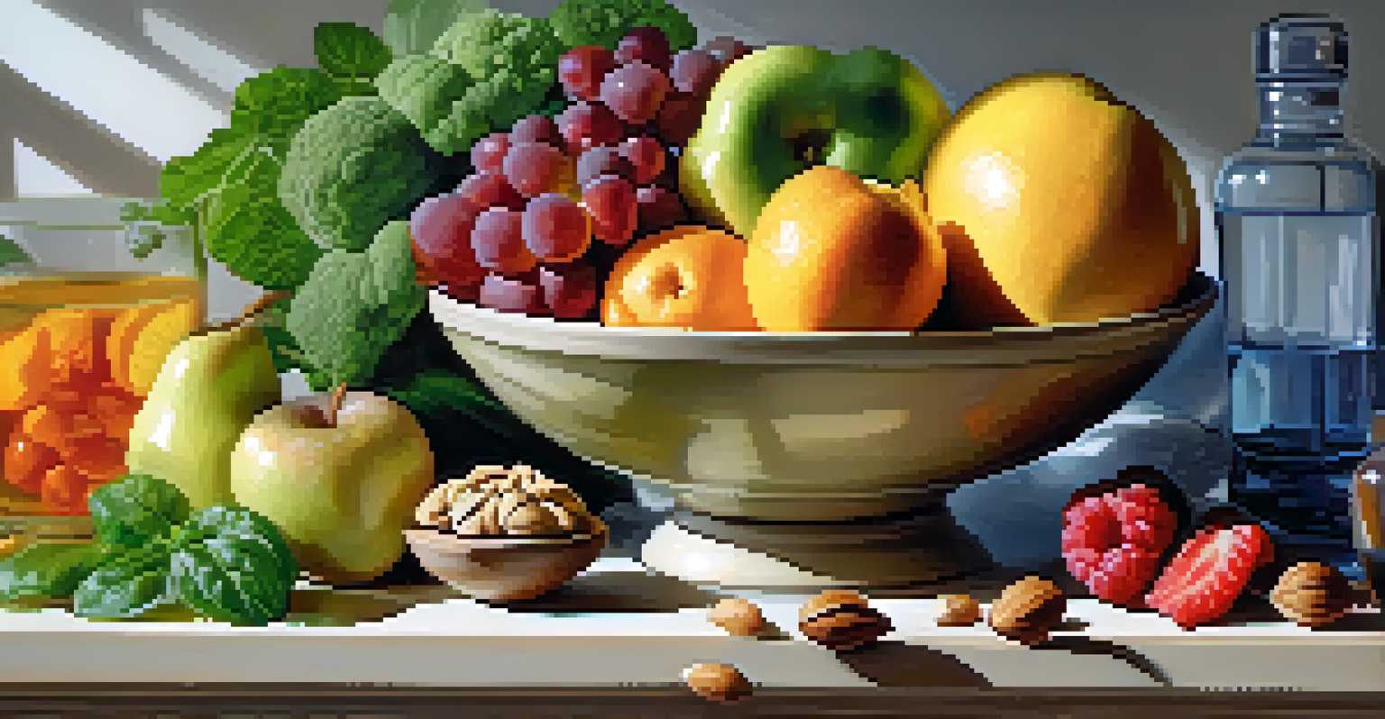 A still life of healthy foods including fruits, vegetables, and whole grains on a kitchen counter.