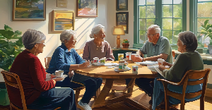 A diverse group of older adults sitting in a circle in a cozy room, sharing stories and engaging in conversation.