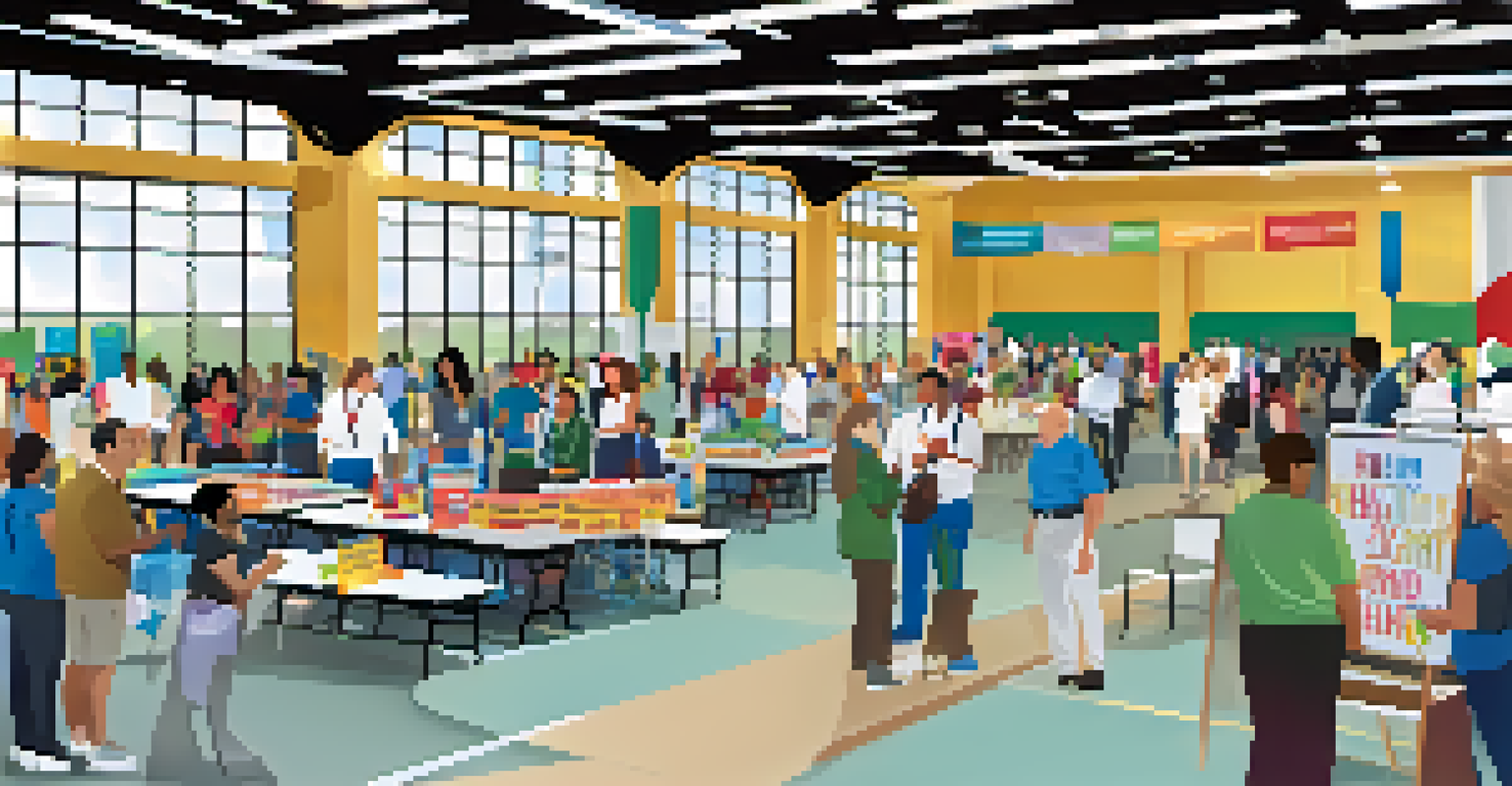 A community health fair in a gymnasium with diverse individuals engaging with healthcare professionals and informational booths.