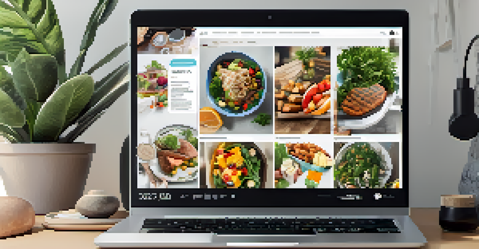 A digital vision board on a laptop screen featuring fitness goals and inspirational quotes, set in a cozy workspace.