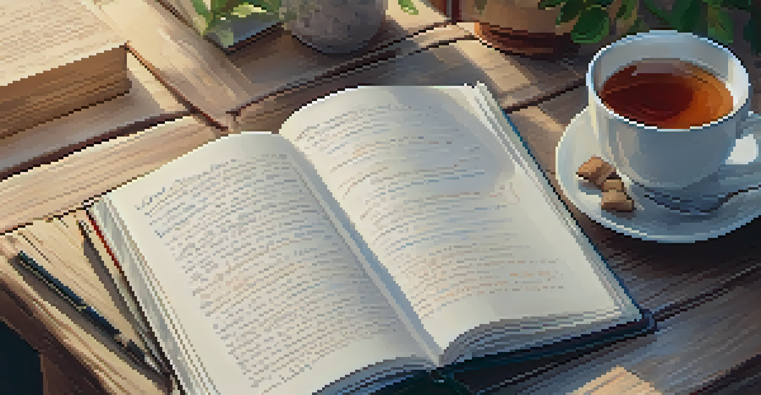 An open journal with handwritten notes on self-compassion beside a cup of tea, set in a cozy, softly lit space.