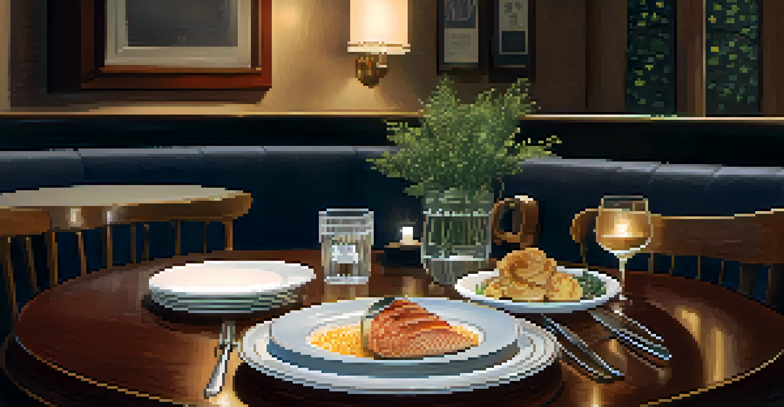 A restaurant table set for dining, featuring a menu with a 'Shellfish-Free' label and soft candlelight ambiance.