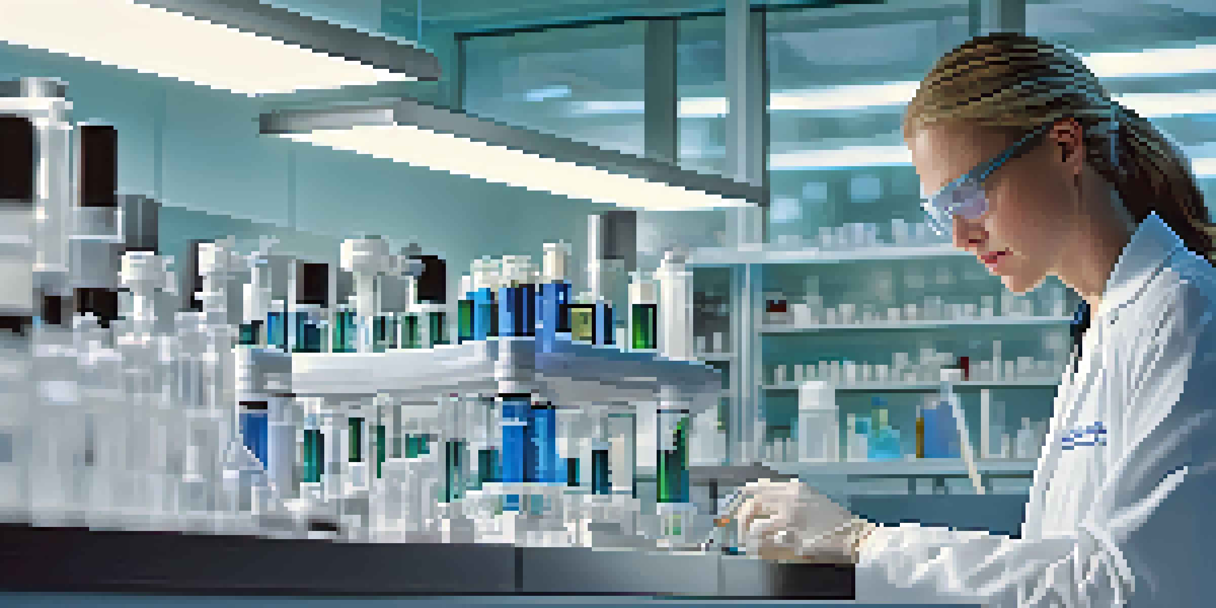 A laboratory technician analyzing a microscope slide in a clean lab environment, with test tubes and digital displays in the background.