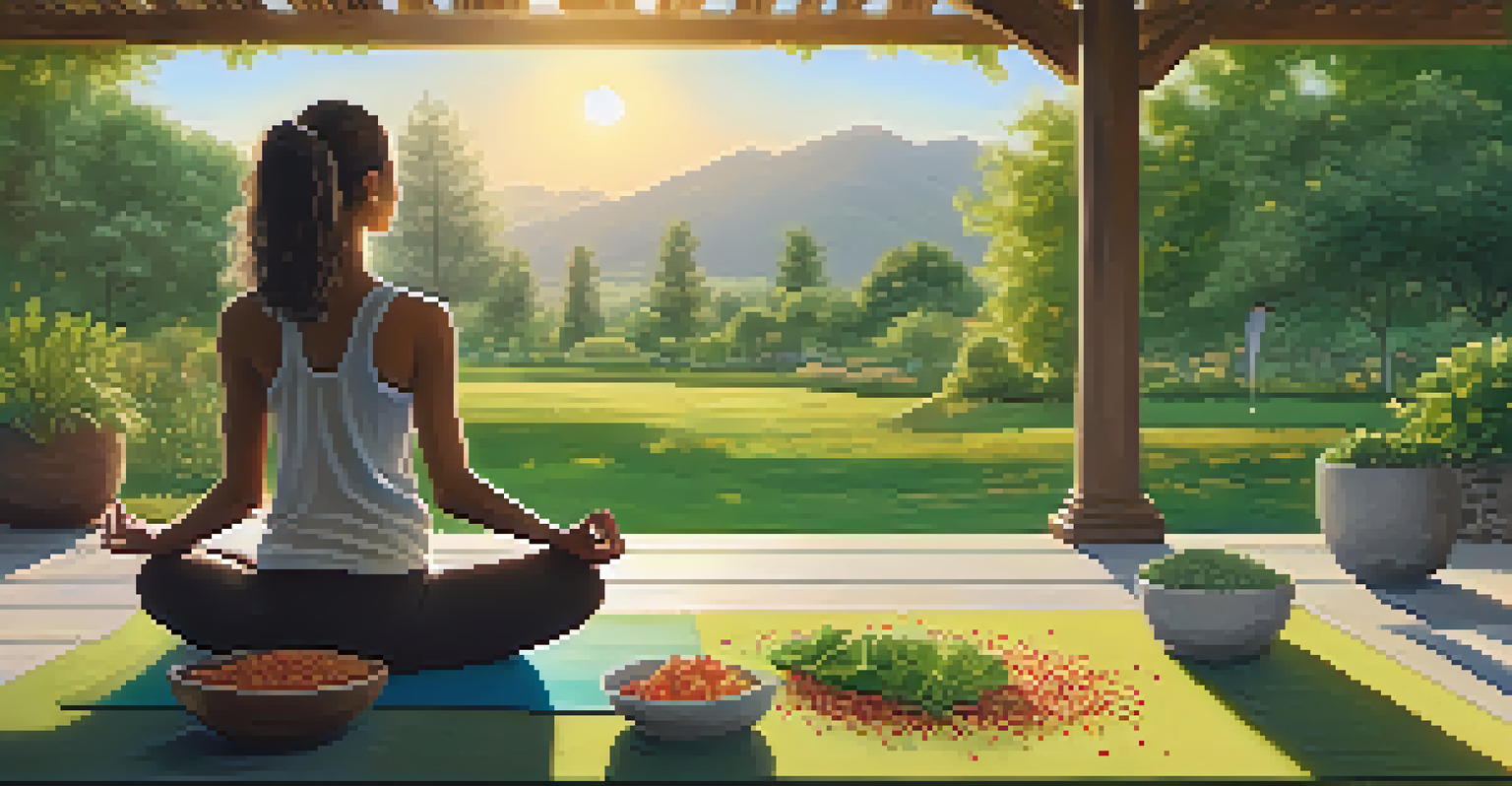 A person doing yoga in a park at sunset, with a bowl of quinoa salad placed beside them.