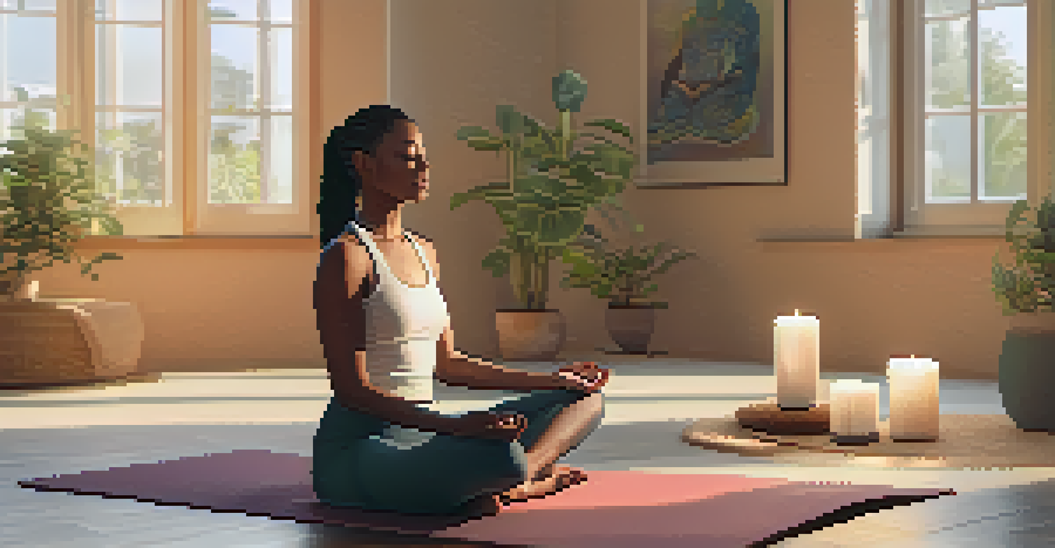 A person meditating on a yoga mat in a sunlit room, surrounded by candles and cushions, representing self-care.
