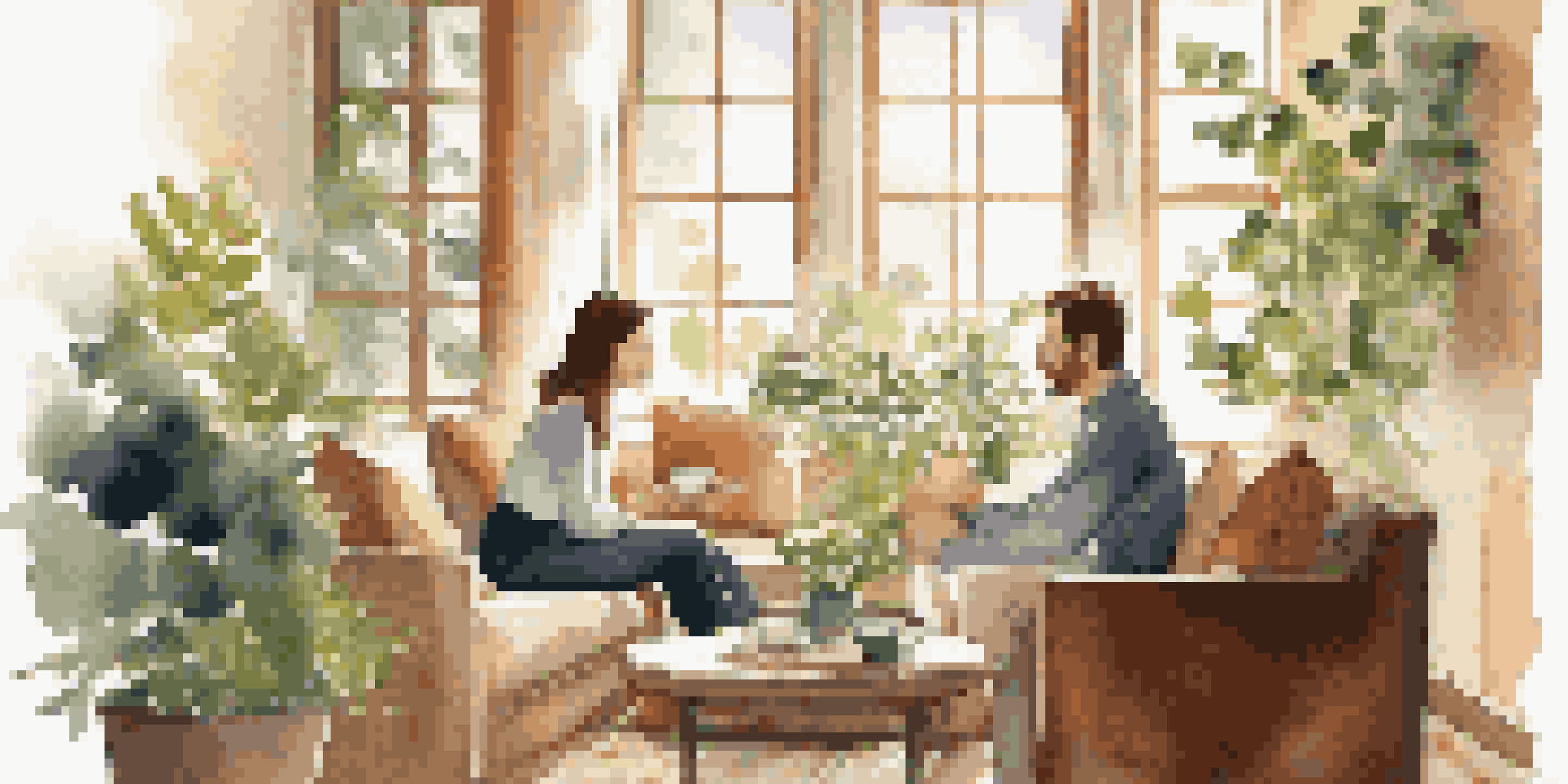 A couple sitting in a cozy living room, having a heartfelt conversation with soft natural light illuminating their faces.