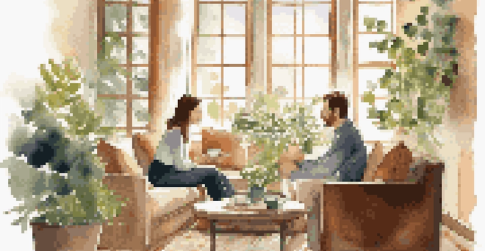 A couple sitting in a cozy living room, having a heartfelt conversation with soft natural light illuminating their faces.