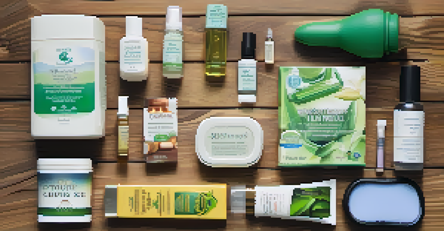 A travel health kit displayed with insect repellent, antihistamines, and natural remedies on a wooden surface.
