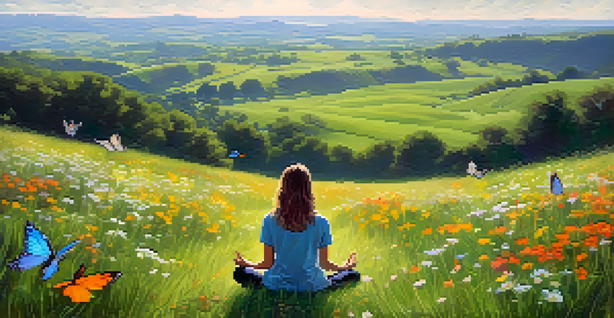 A peaceful scene of a person practicing mindfulness in a colorful meadow filled with wildflowers and butterflies, with hills and a blue sky in the background.