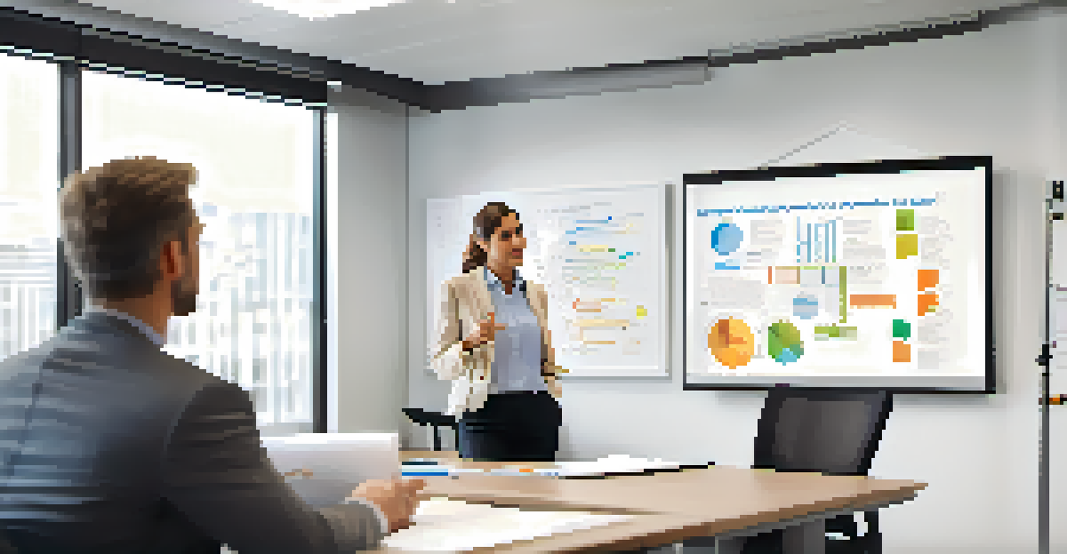 A health coach giving feedback to a client in a modern office, using charts and notes to illustrate progress.