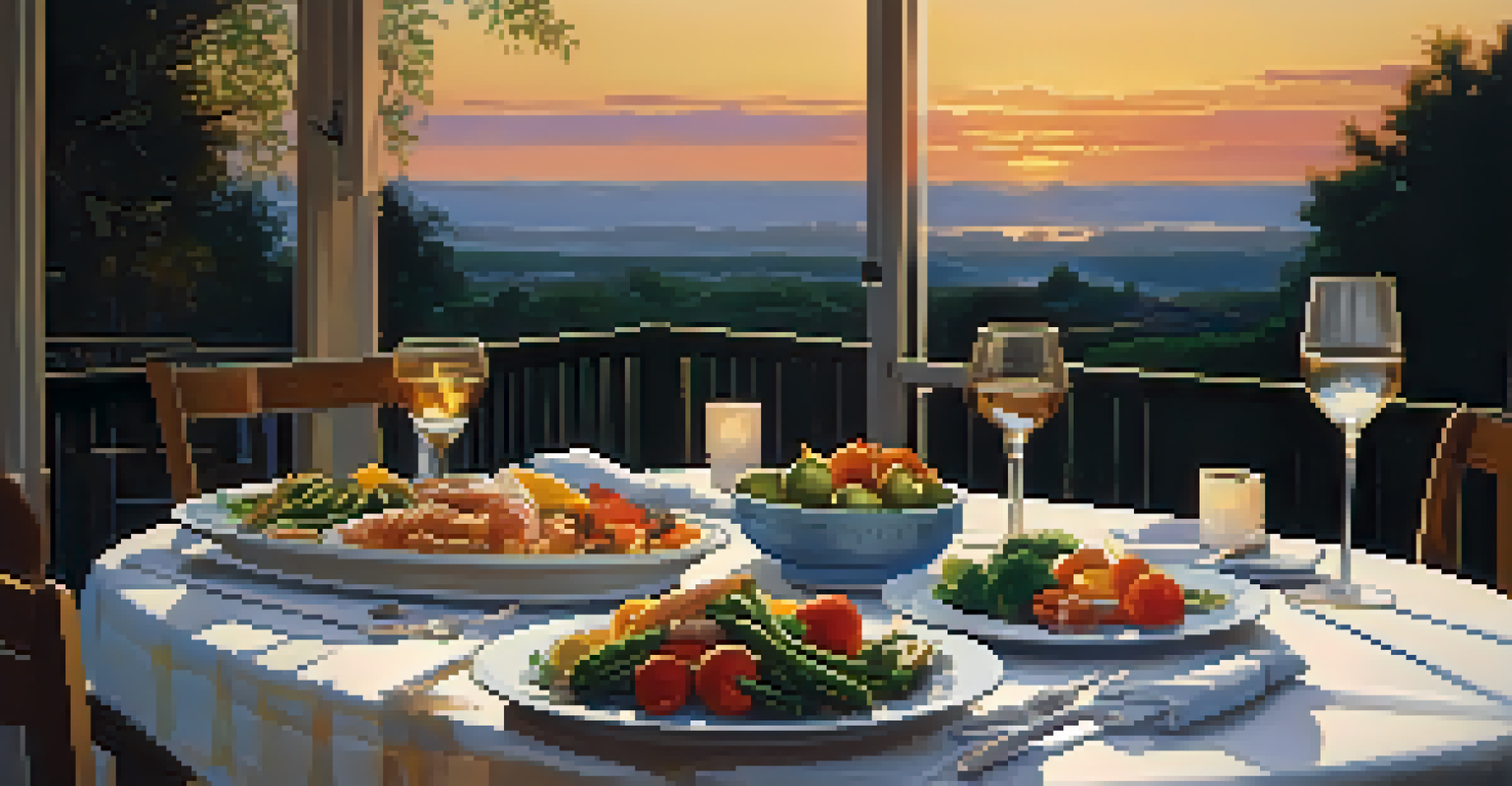 An evening dinner table with grilled vegetables and fish, under warm ambient lighting.