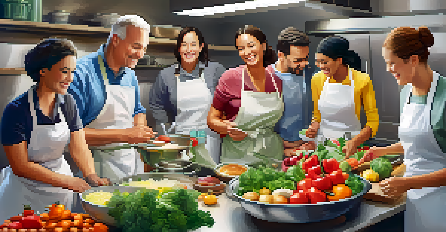 A vibrant cooking class where colleagues are preparing healthy meals together in a bright kitchen, showcasing teamwork and enjoyment.
