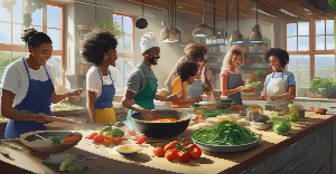 A diverse group of people in a bright kitchen, engaging in a cooking workshop, smiling and working with fresh ingredients.